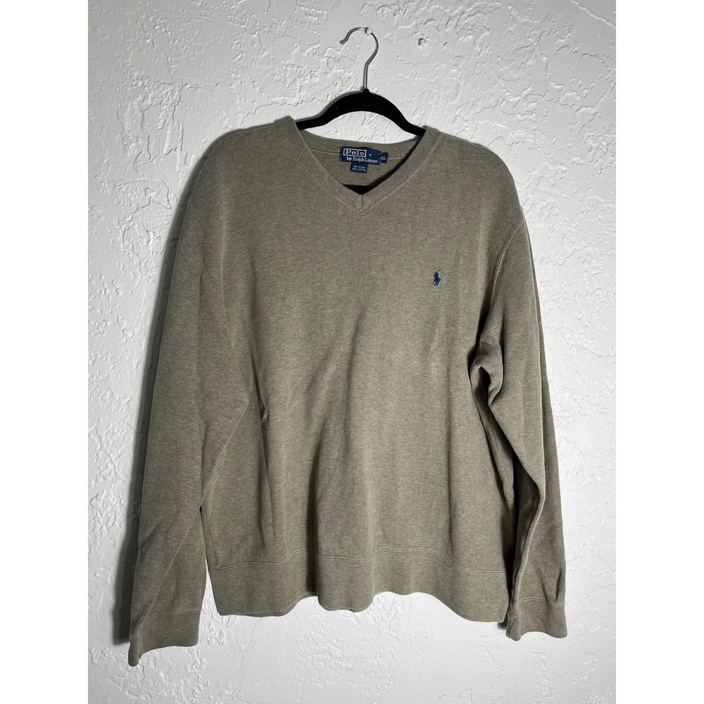 Polo Ralph Lauren Cotton V-Neck Sweater XL Gray Beige Classic Preppy